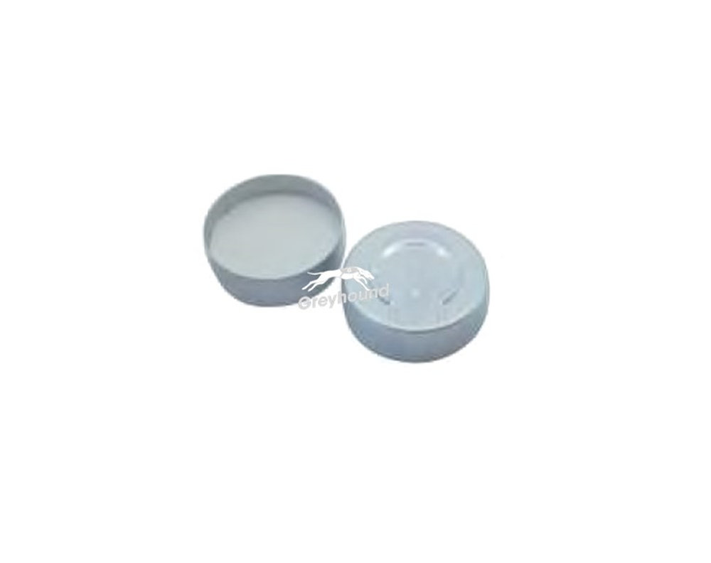 Picture of 20mm Aluminium Crimp Cap, Complete Tear Off, Silver with White PTFE/Translucent Blue Silicone Septa, 3mm, (Shore A 45)